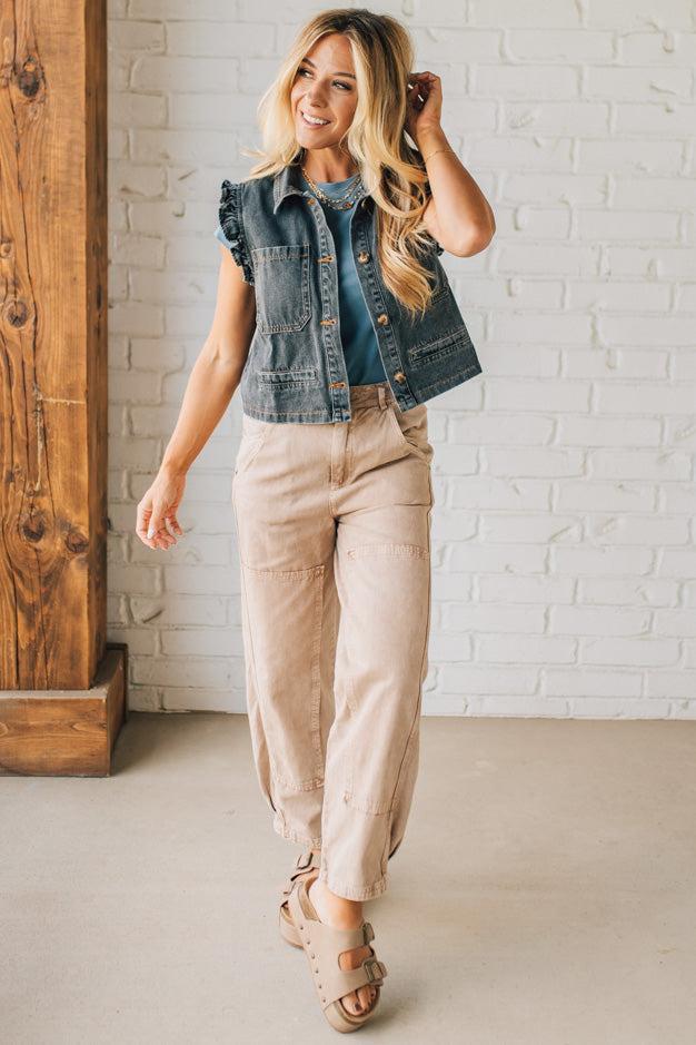 Reagan Ruffle Accent Denim Vest | Charcoal