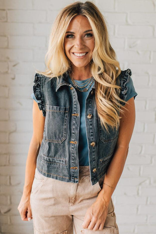 Reagan Ruffle Accent Denim Vest | Charcoal