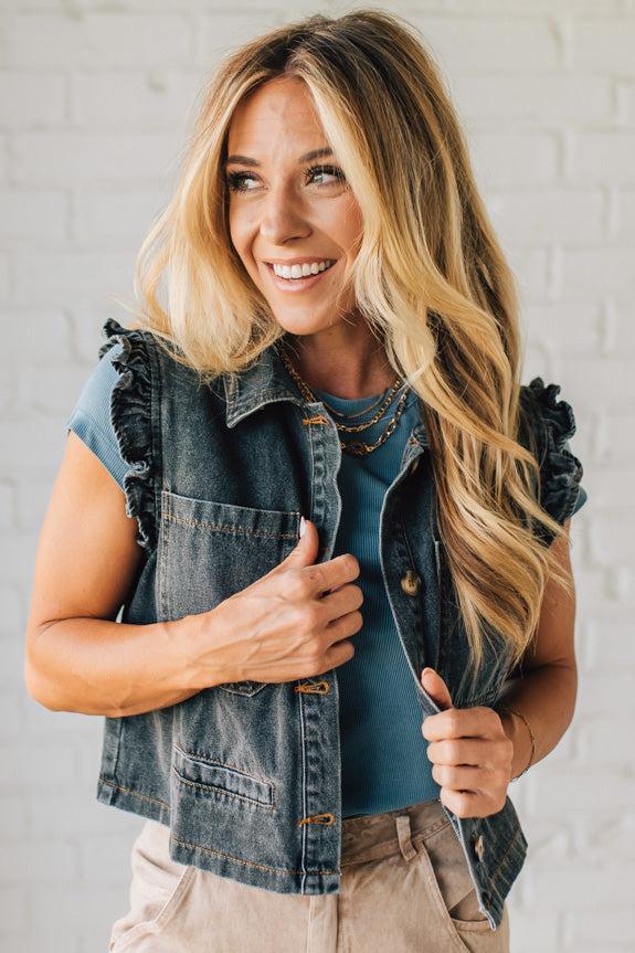 Reagan Ruffle Accent Denim Vest | Charcoal