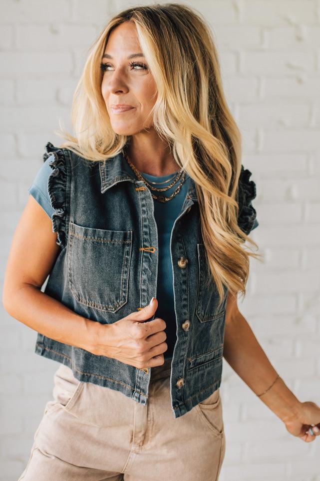 Reagan Ruffle Accent Denim Vest | Charcoal