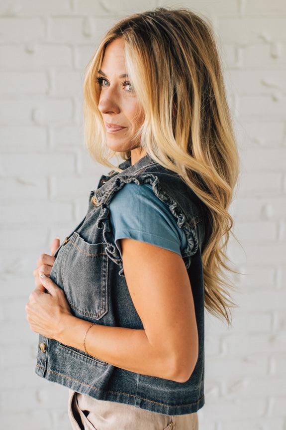 Reagan Ruffle Accent Denim Vest | Charcoal