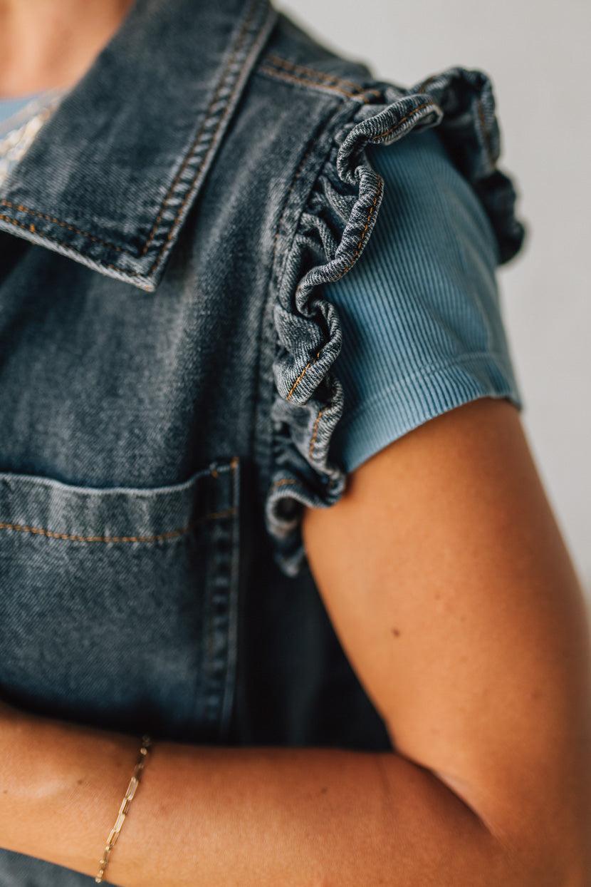 Reagan Ruffle Accent Denim Vest | Charcoal