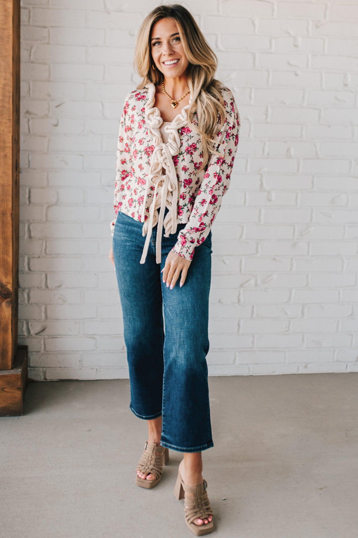Ruffled Tie Front Floral Cardigan