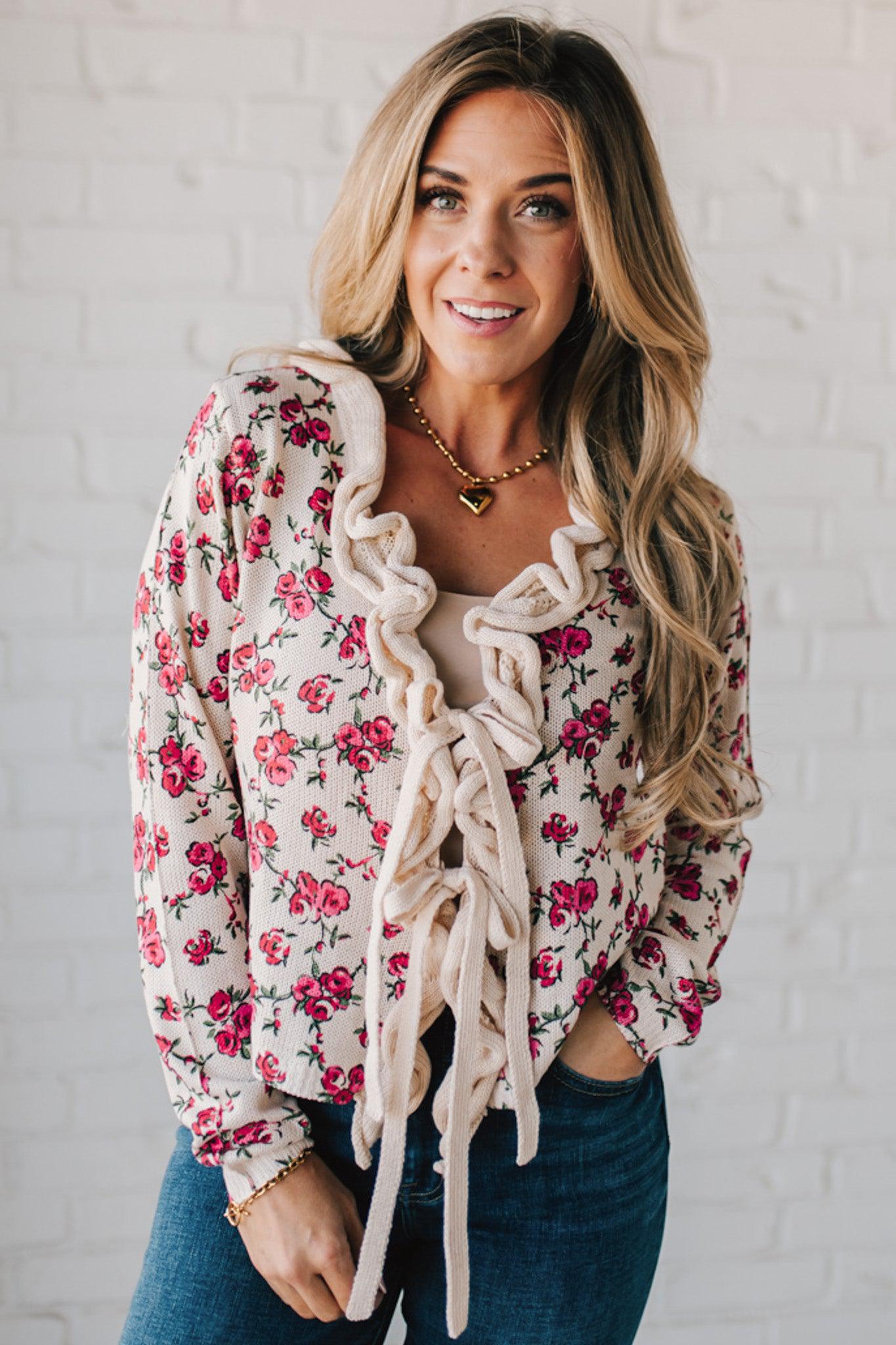 Ruffled Tie Front Floral Cardigan