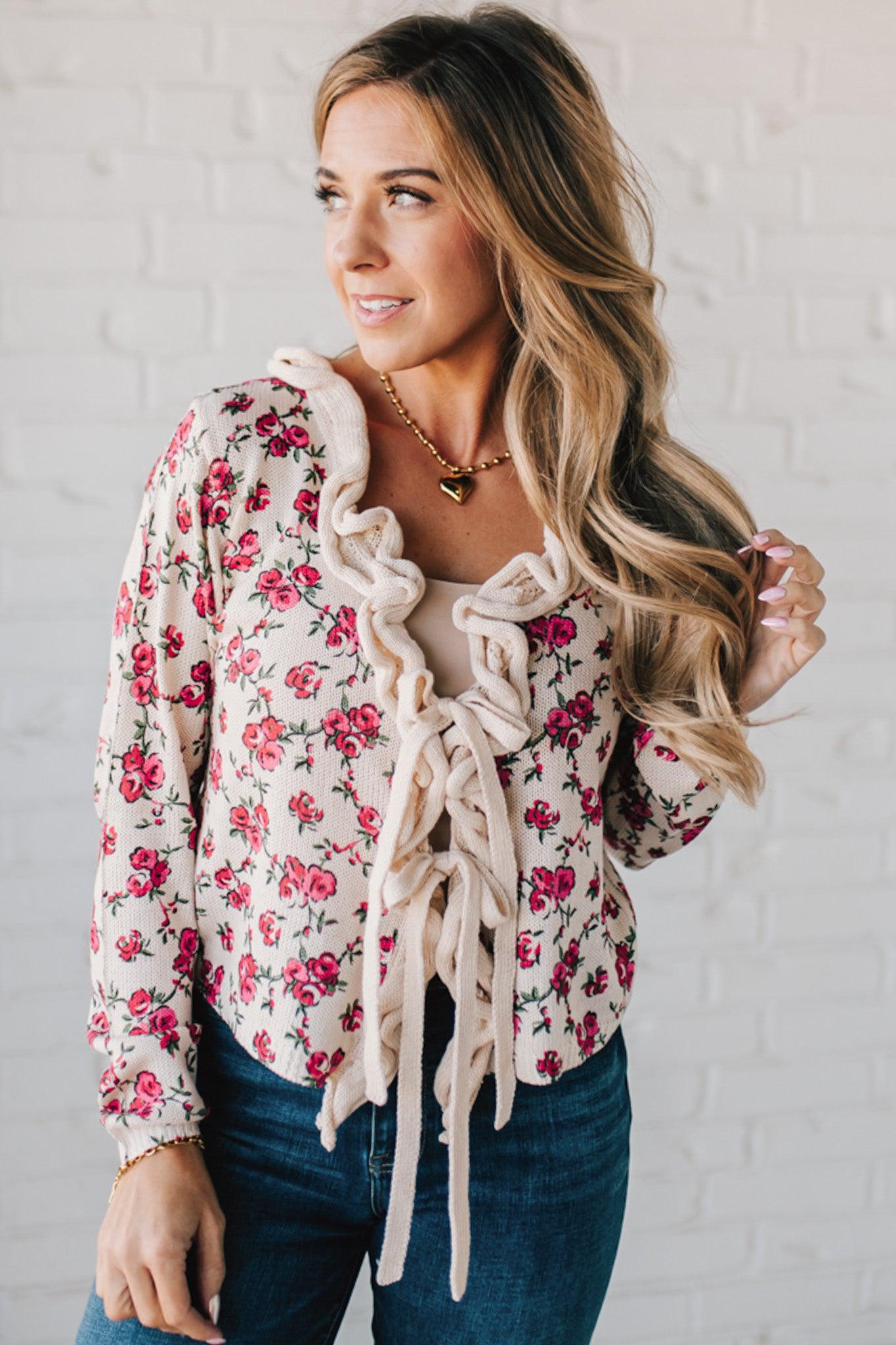 Ruffled Tie Front Floral Cardigan