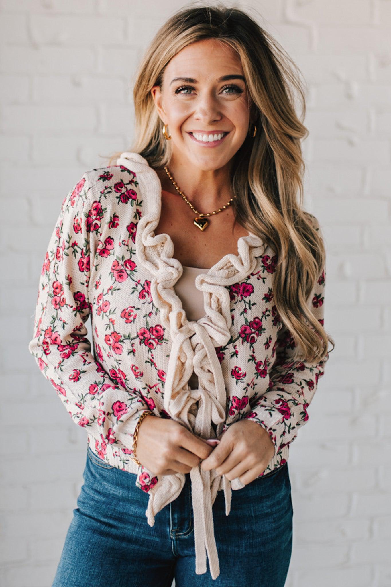 Ruffled Tie Front Floral Cardigan