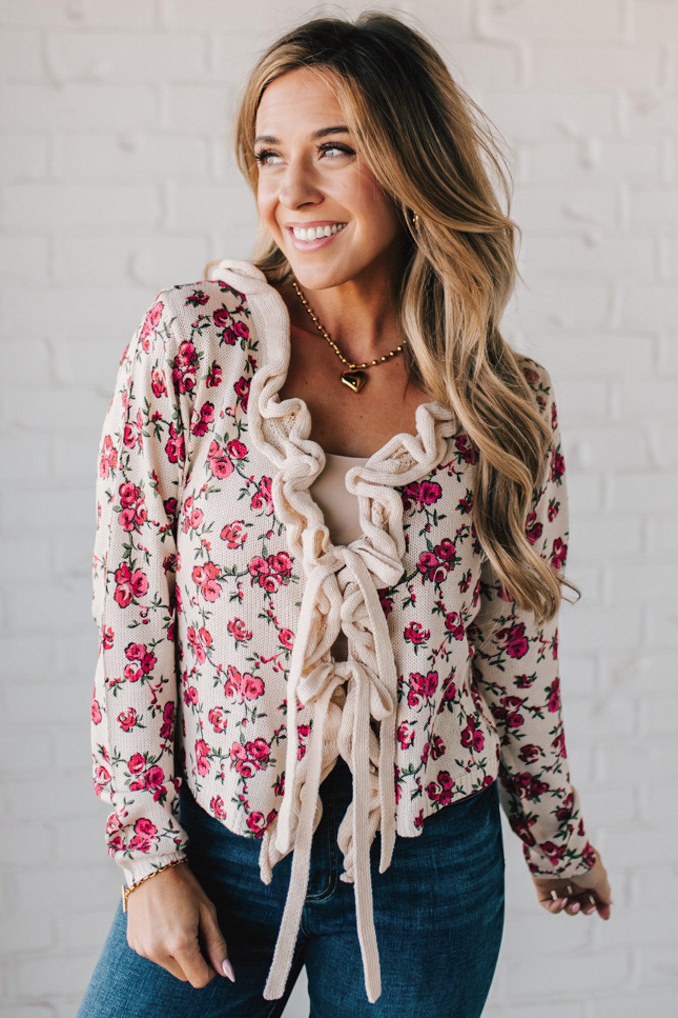 Ruffled Tie Front Floral Cardigan