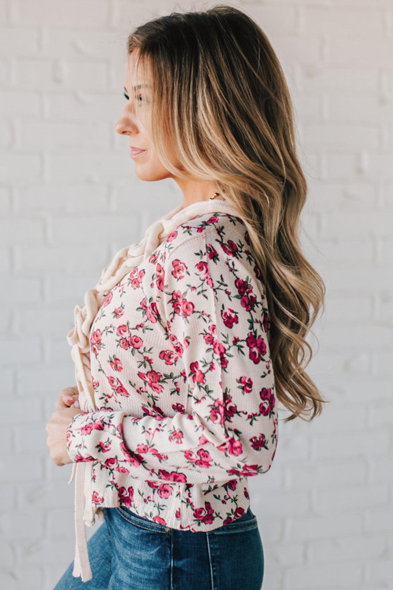 Ruffled Tie Front Floral Cardigan