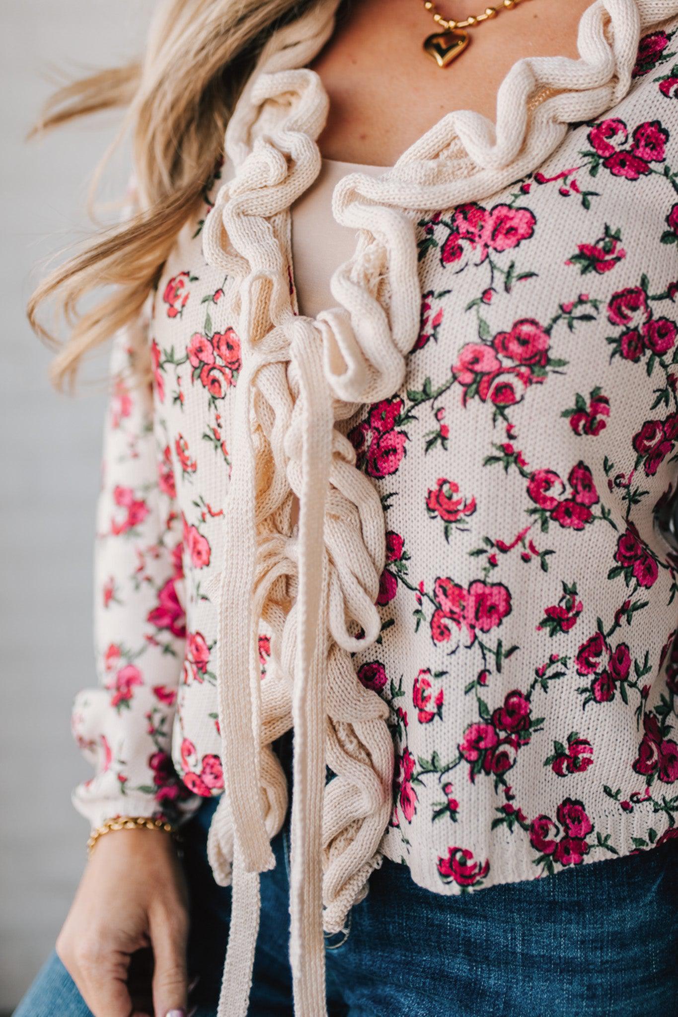 Ruffled Tie Front Floral Cardigan