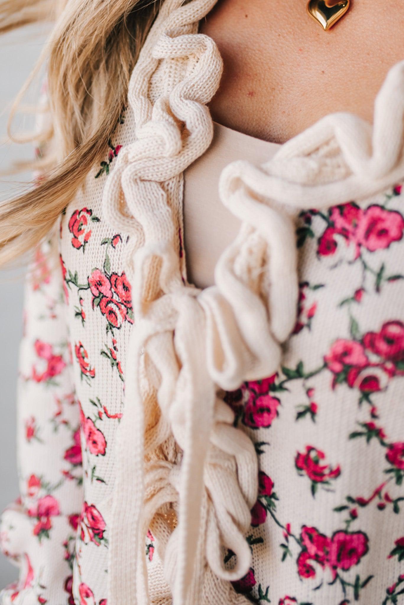 Ruffled Tie Front Floral Cardigan