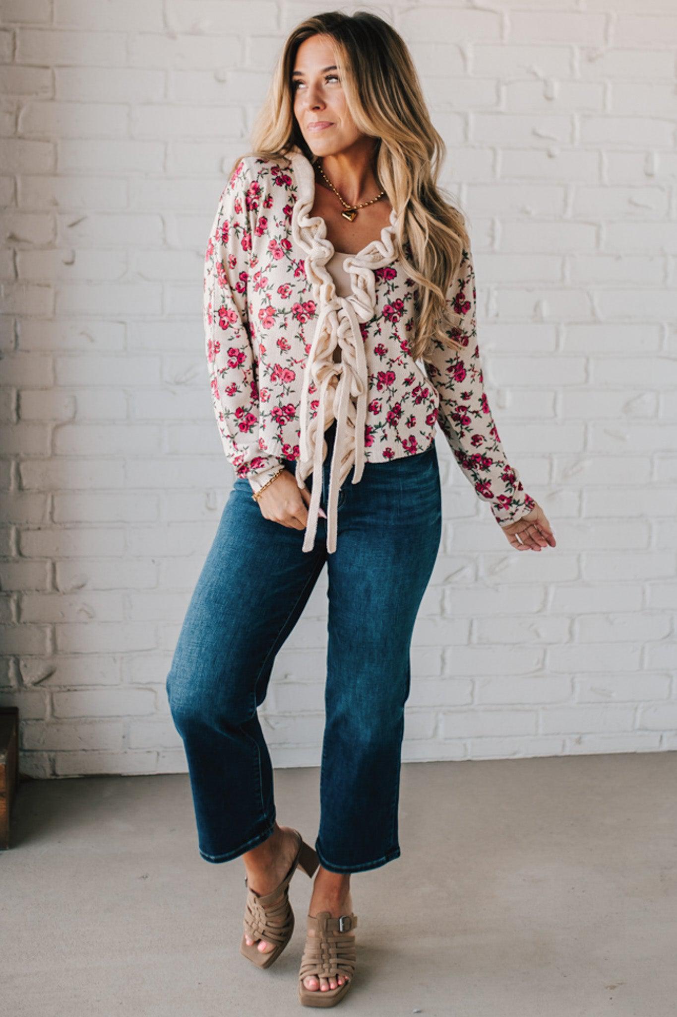 Ruffled Tie Front Floral Cardigan